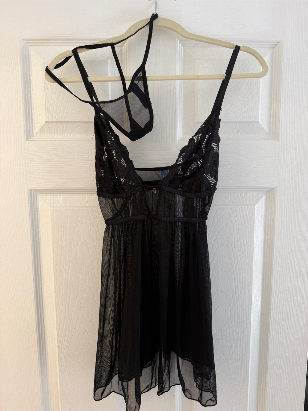 Sheer Lace Babydoll Chemise + Thong - Black